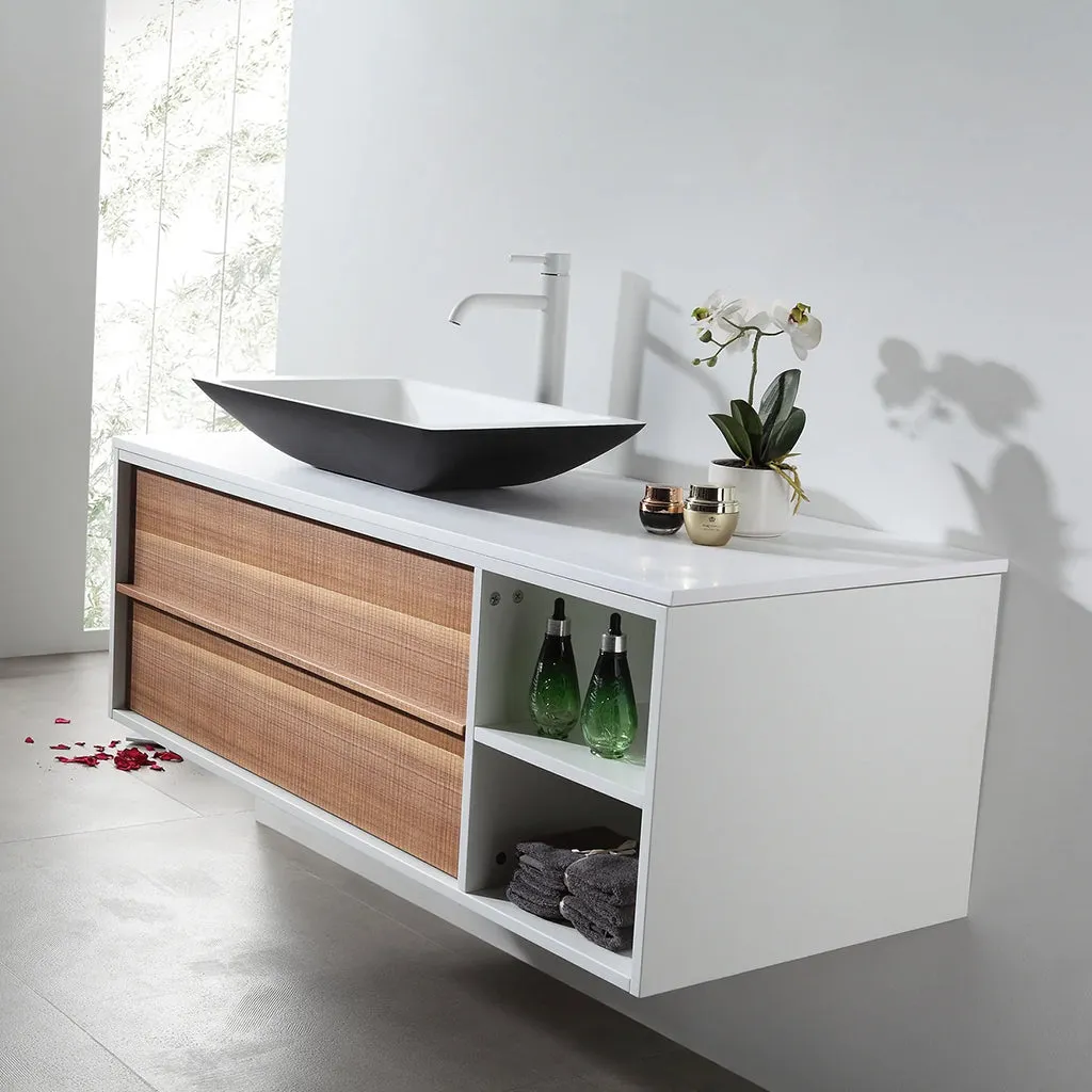 Goreme 2 Drawers And 2 Open Shelf Bathroom Vanity with Solid Surface Top and Vessel Sink - Wall Mount - 48" Wood/Walnut/White