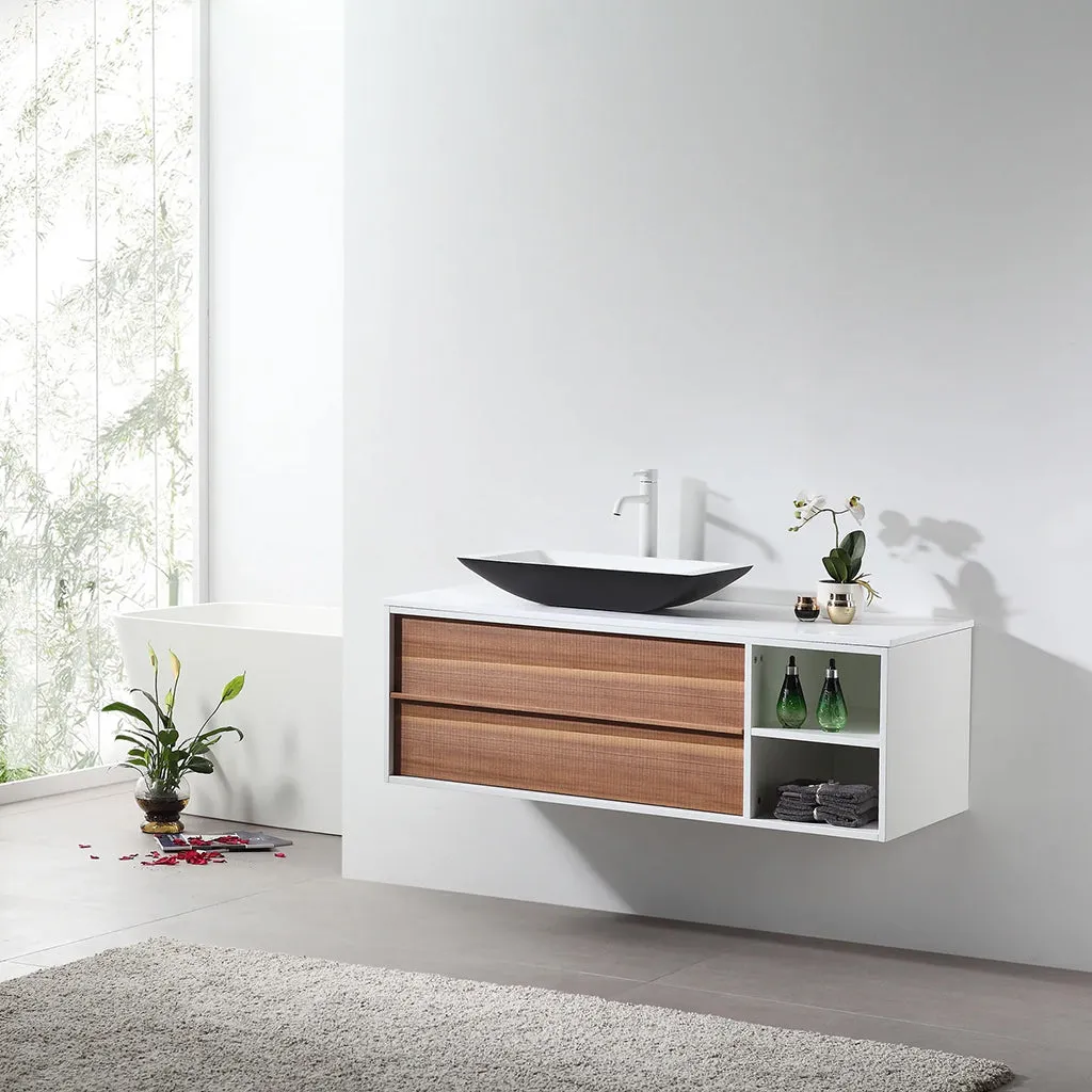Goreme 2 Drawers And 2 Open Shelf Bathroom Vanity with Solid Surface Top and Vessel Sink - Wall Mount - 48" Wood/Walnut/White