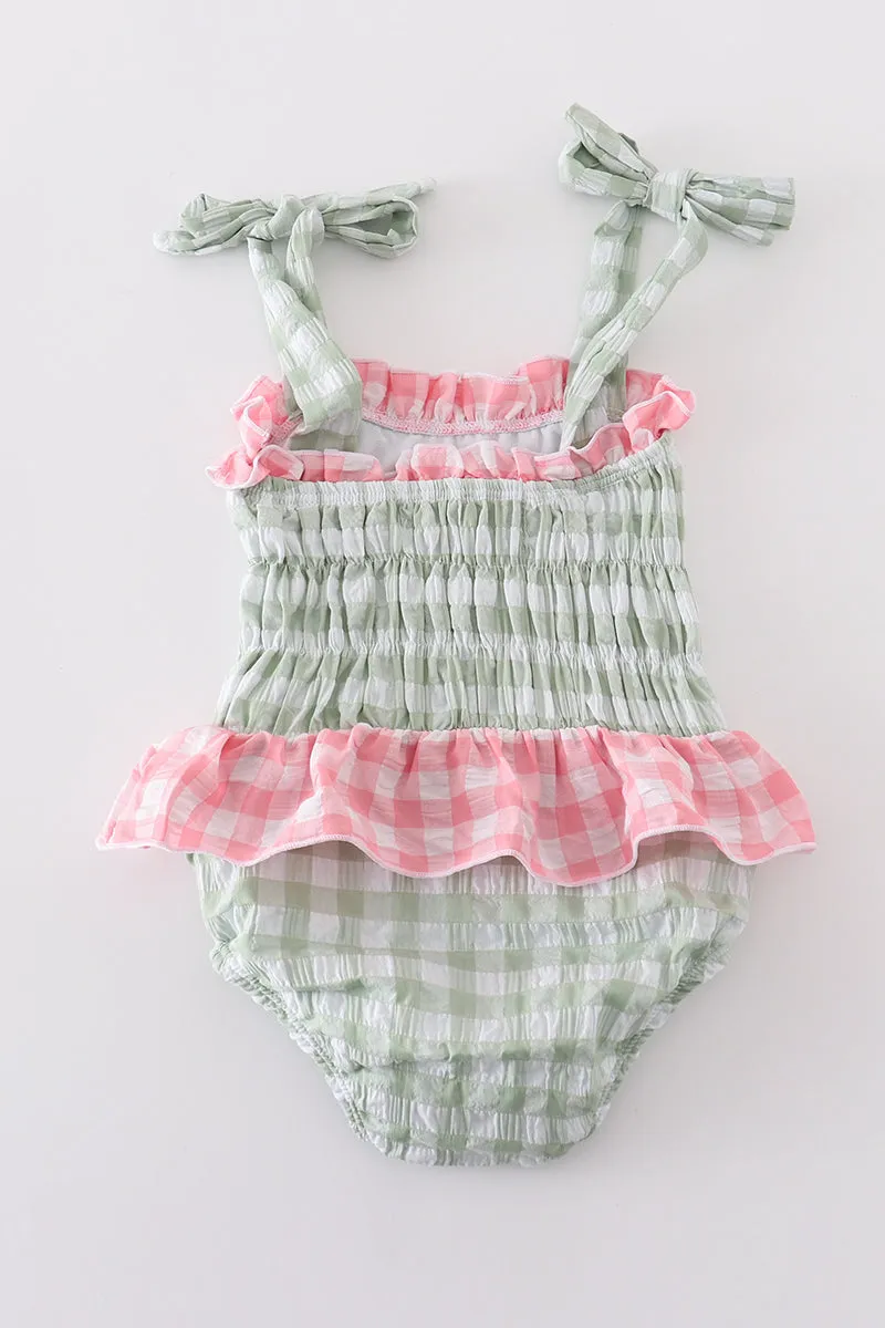 Green Seersucker Gingham One-piece Girl Swimsuit