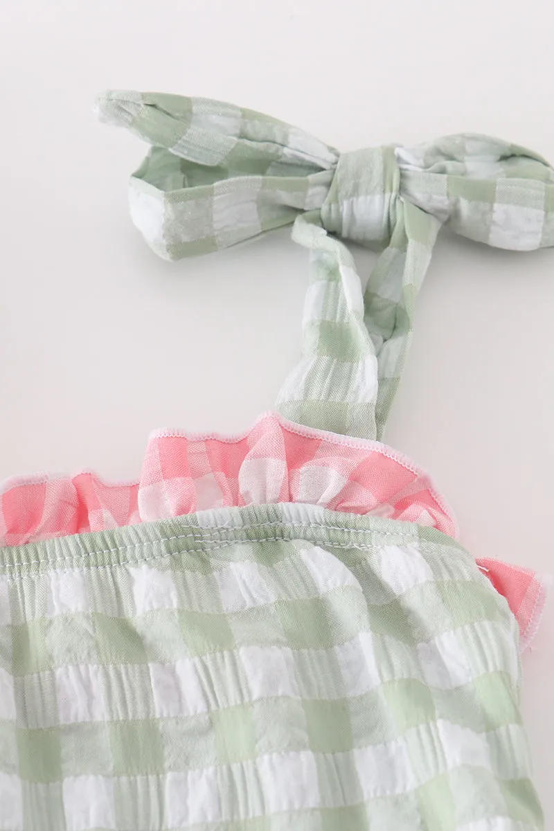Green Seersucker Gingham One-piece Girl Swimsuit