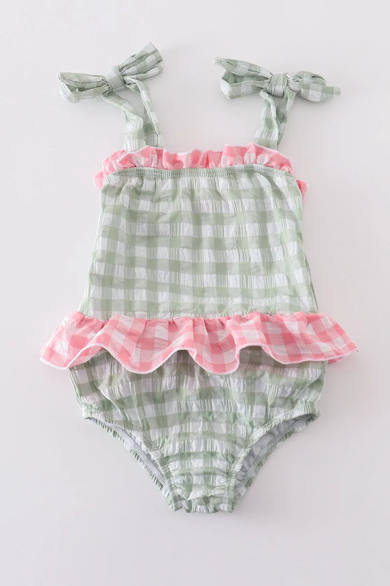Green Seersucker Gingham One-piece Girl Swimsuit