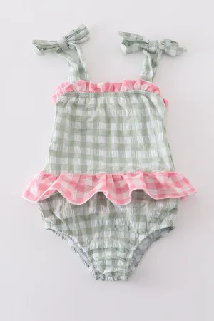 Green Seersucker Gingham One-piece Girl Swimsuit