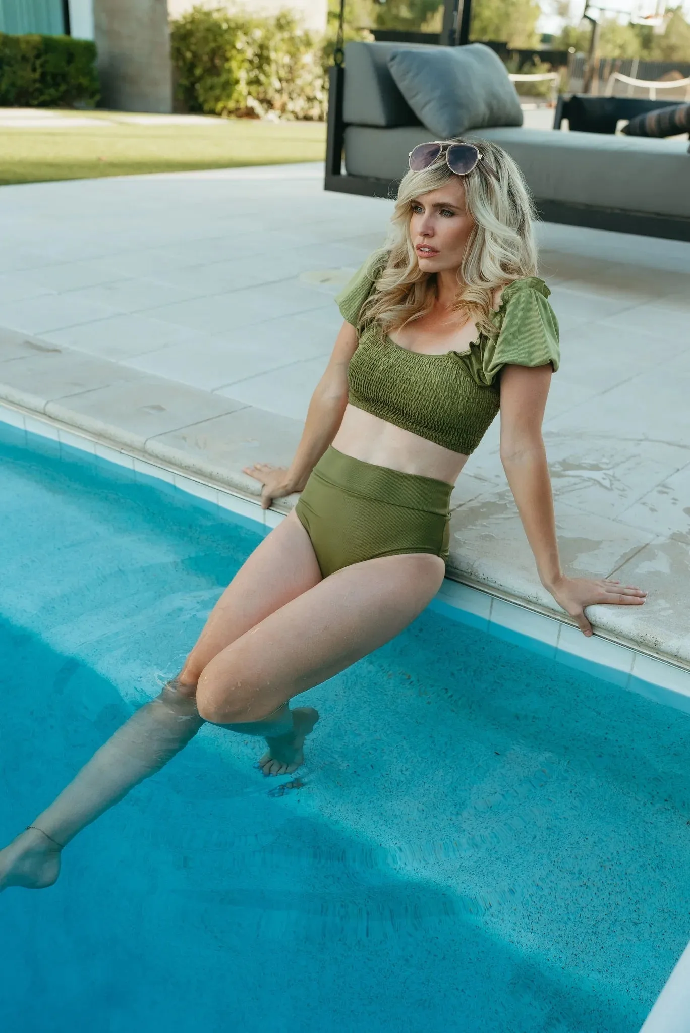 Green Smocked Bikini 2pc Women Swimsuit