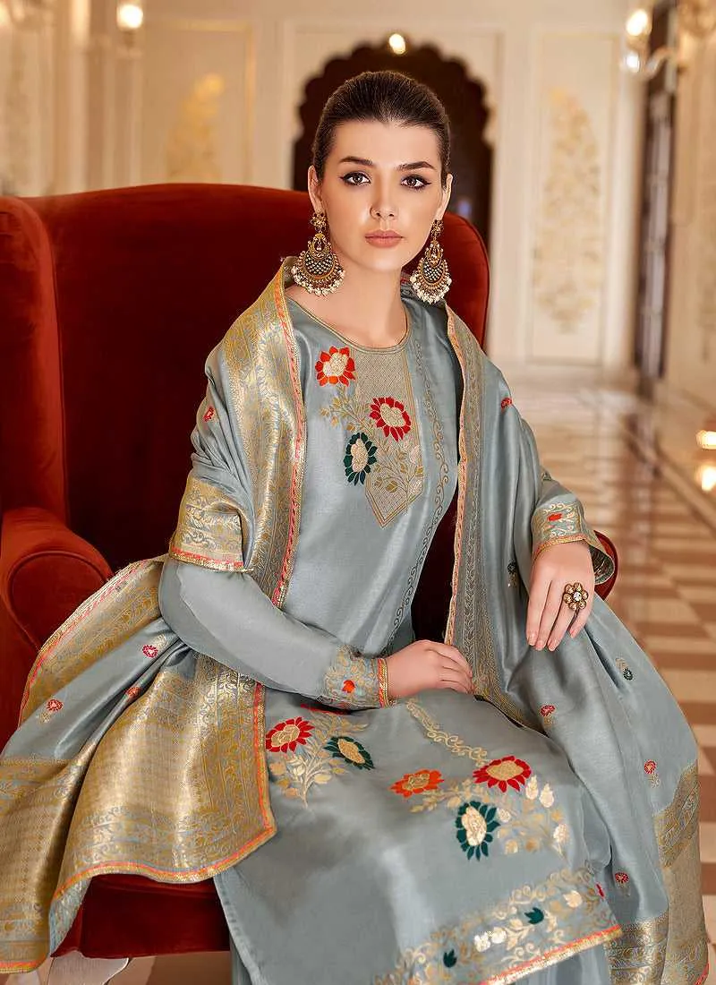 Grey and Gold Designer Embroidered Palazzo Suit