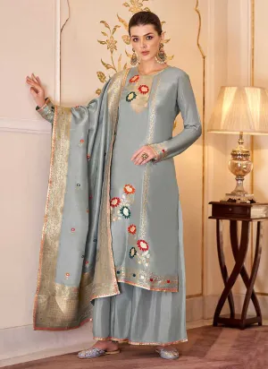 Grey and Gold Designer Embroidered Palazzo Suit