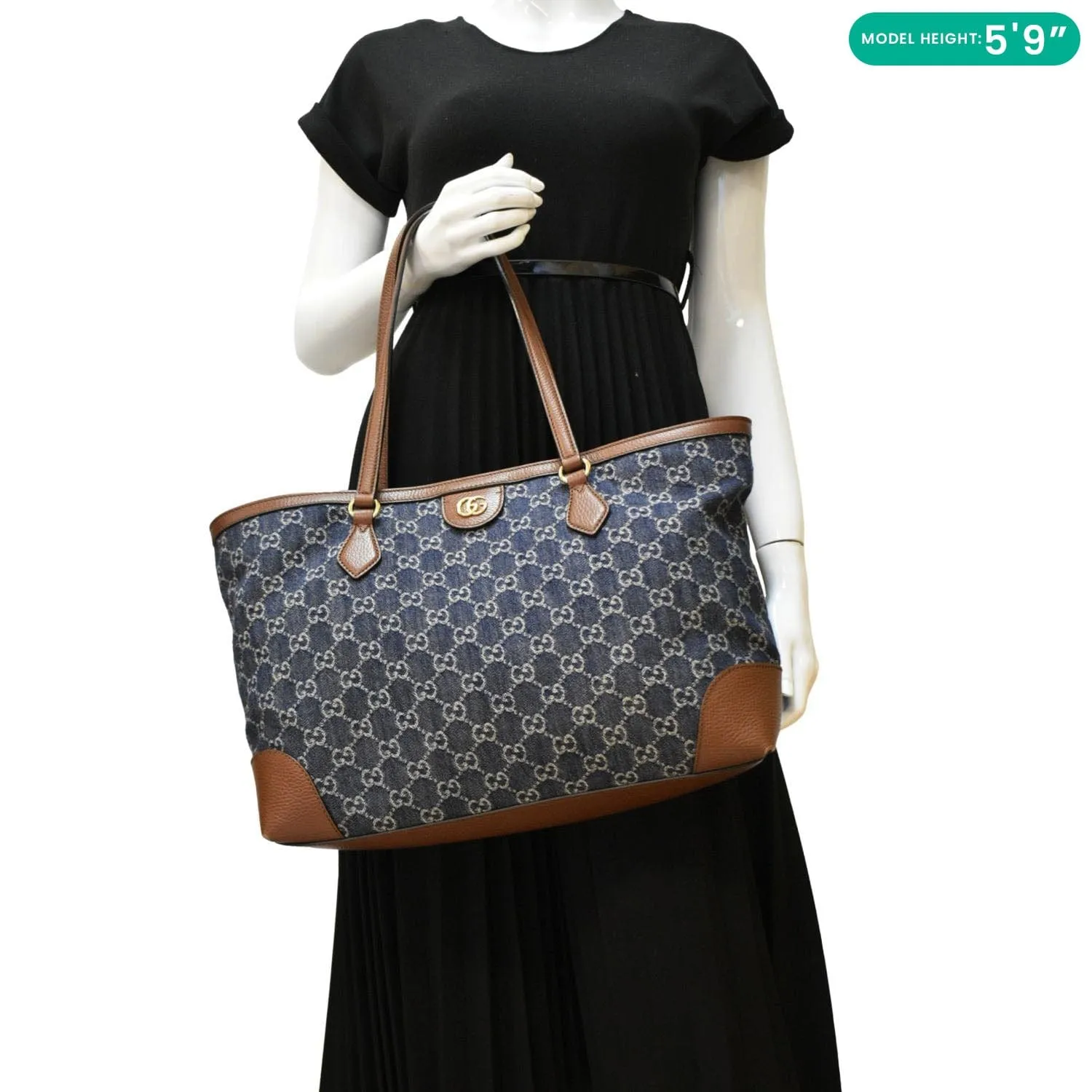 GUCCI Ophidia GG Medium Jacquard Denim Tote Bag Navy Blue