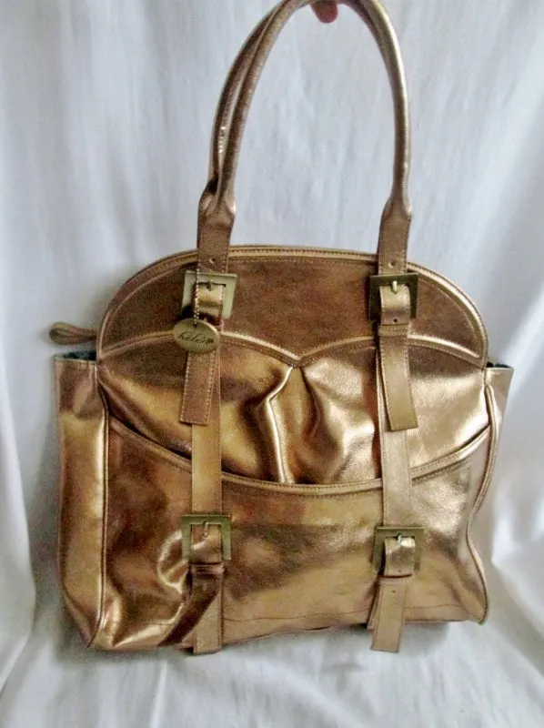 HELEN Metallic Genuine Leather Tote Satchel Bowler Bag Purse Handbag GOLD Carryall