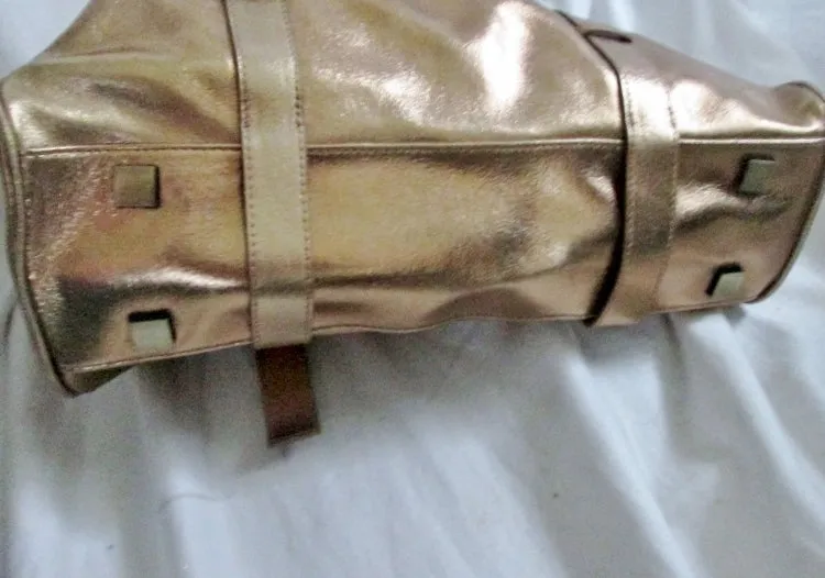 HELEN Metallic Genuine Leather Tote Satchel Bowler Bag Purse Handbag GOLD Carryall