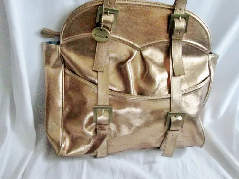 HELEN Metallic Genuine Leather Tote Satchel Bowler Bag Purse Handbag GOLD Carryall