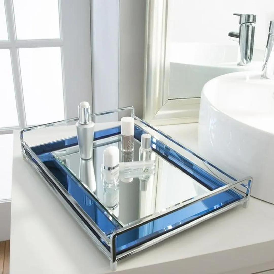 Home Details Mirrored Vanity Tray Makeup Organizer, Blue