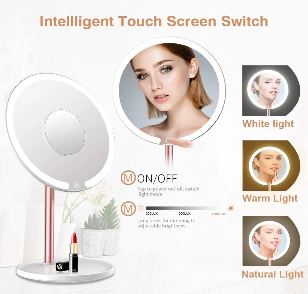 Homlly LED Makeup Mirror 10x Magnifier with 3 Color Light Modes