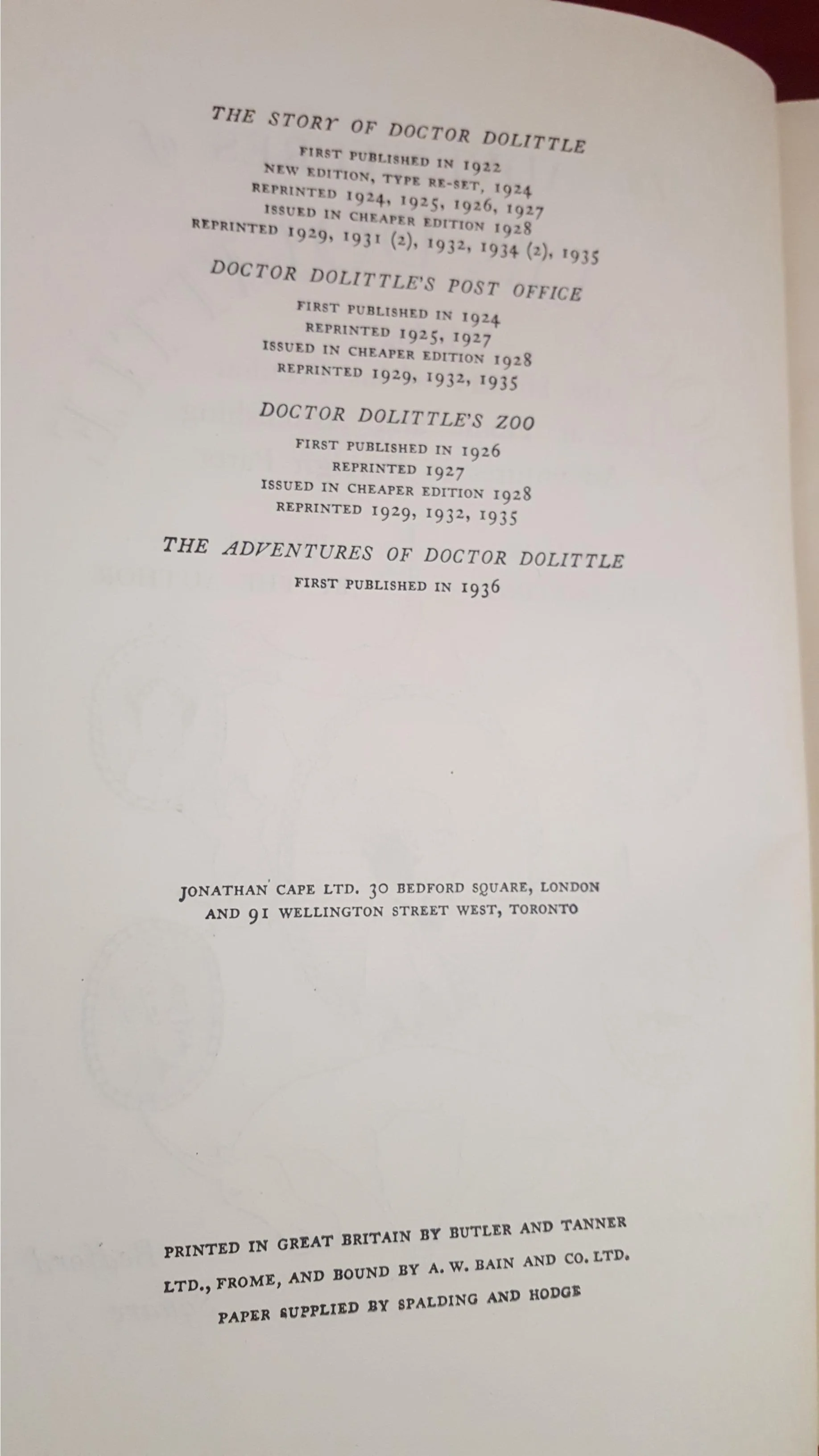 Hugh Lofting -The Adventures Of Doctor Dolittle, Jonathan Cape, 1936, 1st Omnibus Edition