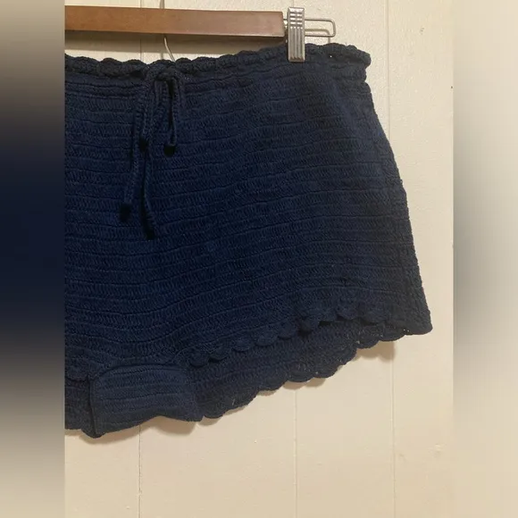 J Crew Navy Blue Cotton Crochet Knit Drawstring Shorts Size Large