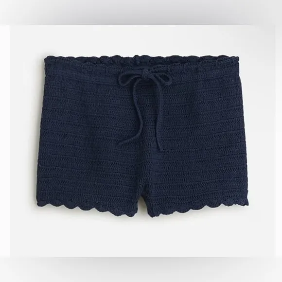 J Crew Navy Blue Cotton Crochet Knit Drawstring Shorts Size Large