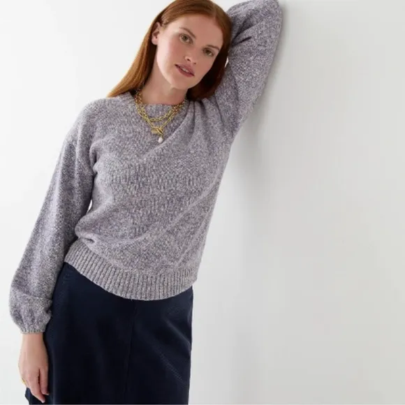 J. Crew Sweater Puff Sleeve Pullover Cotton Crew Classic Preppy Minimal Cream L