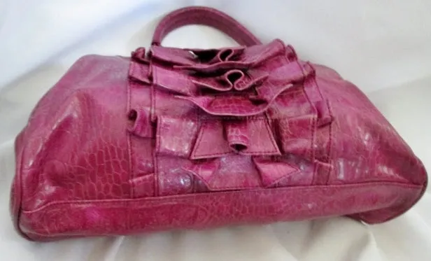 JESSICA SIMPSON Ruffle Bag Purse PURPLE VEGAN Croc Reptile Skin Satchel Bowler Clutch