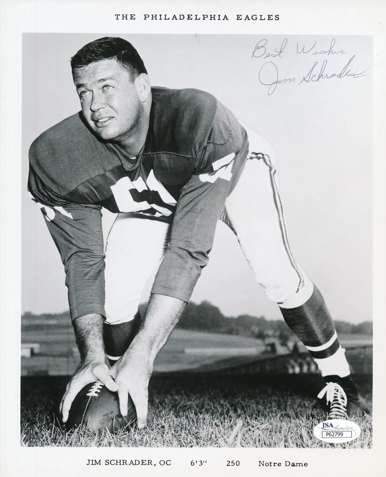 Jim Schrader Eagles Redskins Notre Dame RARE Signed 8x10 Photo JSA 156984