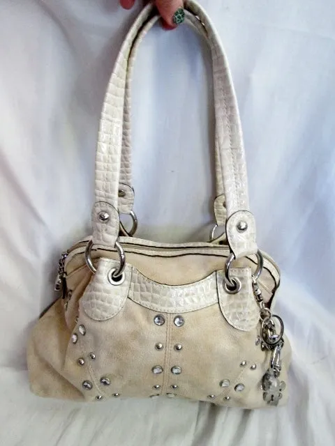 KATHY VAN ZEELAND vegan hobo shoulder bag satchel rhinestone BEIGE TAN faux suede stud