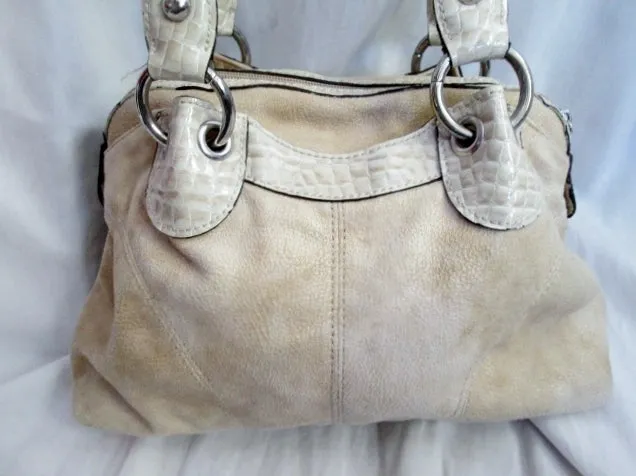 KATHY VAN ZEELAND vegan hobo shoulder bag satchel rhinestone BEIGE TAN faux suede stud