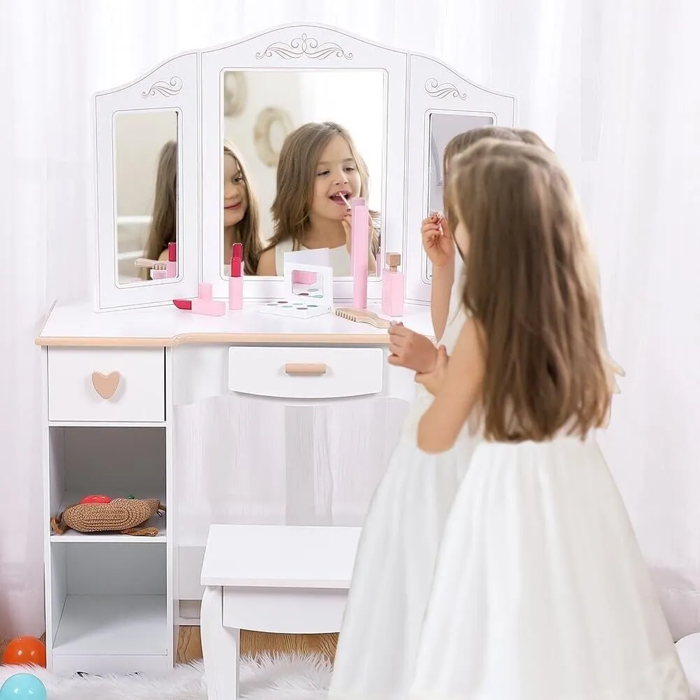 Kids Vanity Set with Mirror and Drawer Table Chair White Includes