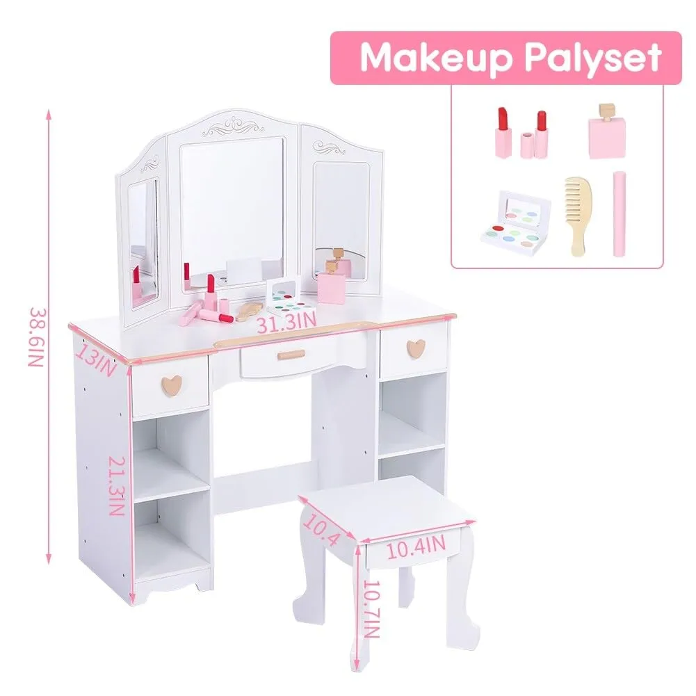Kids Vanity Set with Mirror and Drawer Table Chair White Includes
