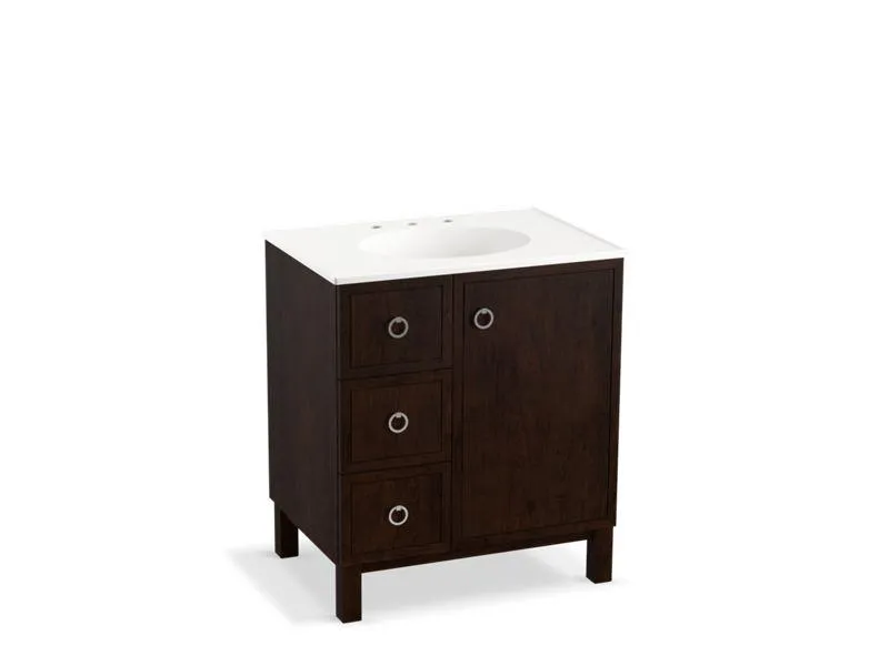 KOHLER K-99504-LGL-1WA Jacquard 30" bathroom vanity cabinet with furniture legs, 1 door and 3 drawers on left