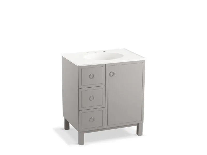 KOHLER K-99504-LGL-1WA Jacquard 30" bathroom vanity cabinet with furniture legs, 1 door and 3 drawers on left