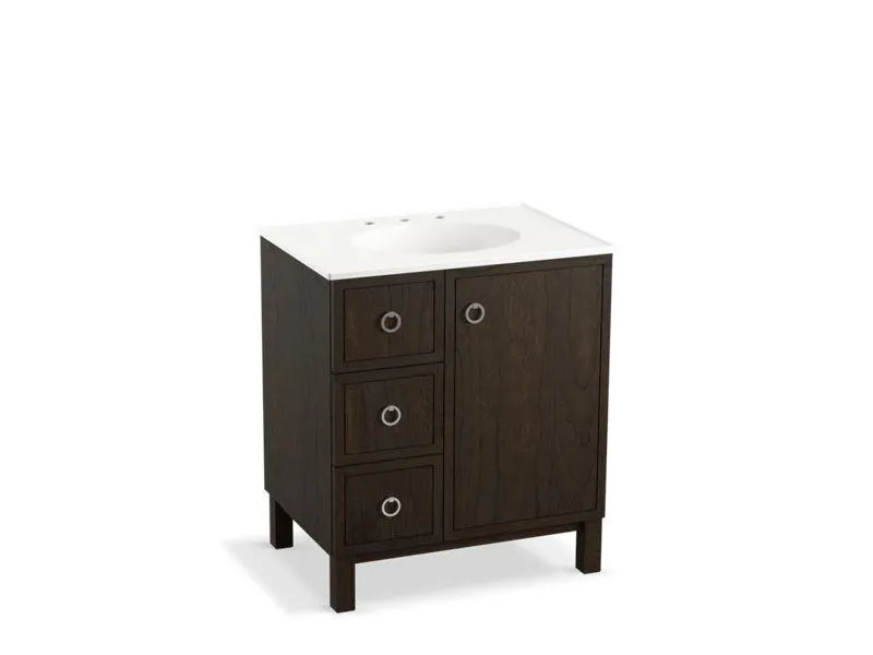 KOHLER K-99504-LGL-1WA Jacquard 30" bathroom vanity cabinet with furniture legs, 1 door and 3 drawers on left
