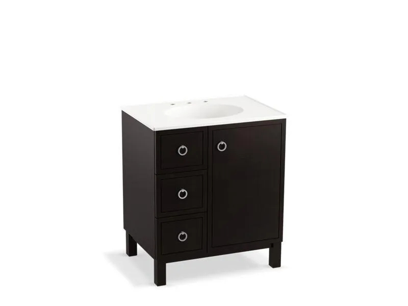 KOHLER K-99504-LGL-1WA Jacquard 30" bathroom vanity cabinet with furniture legs, 1 door and 3 drawers on left