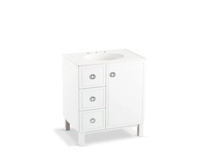 KOHLER K-99504-LGL-1WA Jacquard 30" bathroom vanity cabinet with furniture legs, 1 door and 3 drawers on left