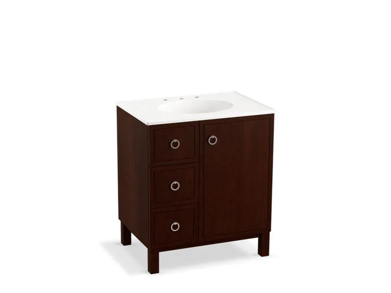 KOHLER K-99504-LGL-1WA Jacquard 30" bathroom vanity cabinet with furniture legs, 1 door and 3 drawers on left