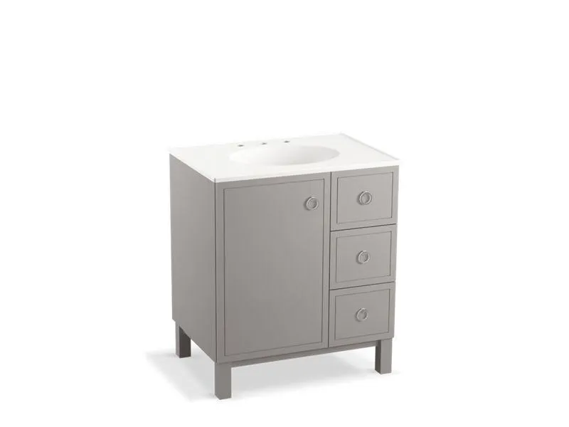 KOHLER K-99504-LGR-1WA Jacquard 30" bathroom vanity cabinet with furniture legs, 1 door and 3 drawers on right