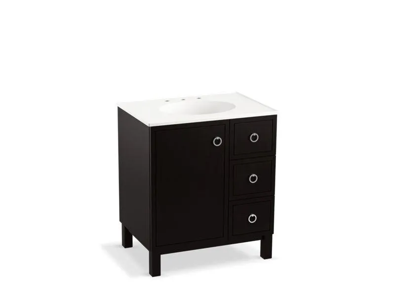 KOHLER K-99504-LGR-1WA Jacquard 30" bathroom vanity cabinet with furniture legs, 1 door and 3 drawers on right