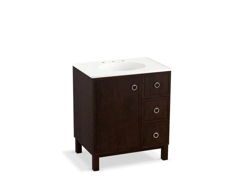 KOHLER K-99504-LGR-1WA Jacquard 30" bathroom vanity cabinet with furniture legs, 1 door and 3 drawers on right