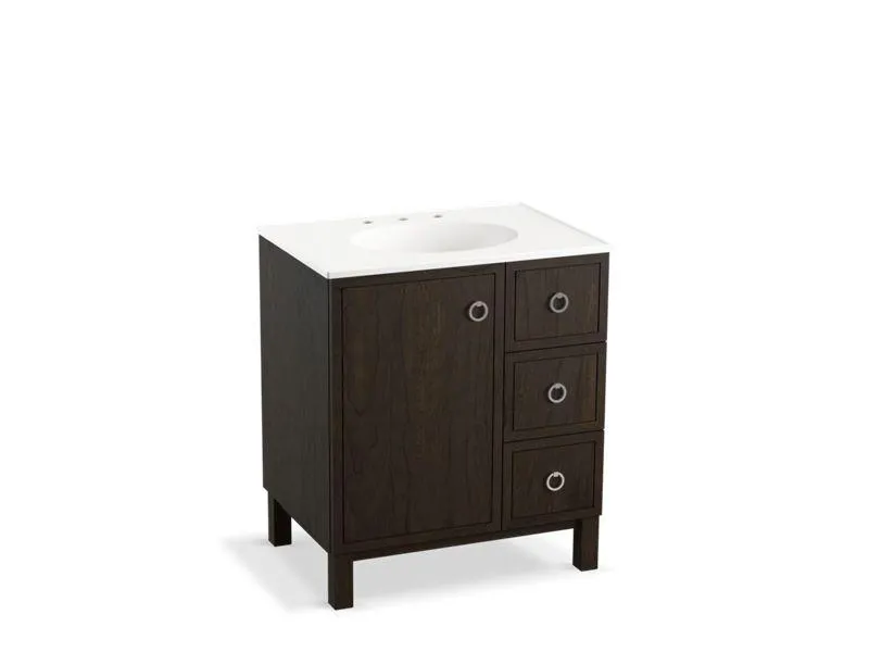 KOHLER K-99504-LGR-1WA Jacquard 30" bathroom vanity cabinet with furniture legs, 1 door and 3 drawers on right