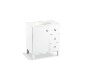 KOHLER K-99504-LGR-1WA Jacquard 30" bathroom vanity cabinet with furniture legs, 1 door and 3 drawers on right