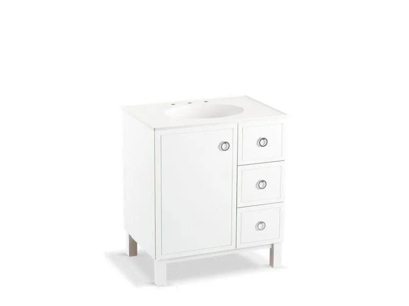 KOHLER K-99504-LGR-1WA Jacquard 30" bathroom vanity cabinet with furniture legs, 1 door and 3 drawers on right