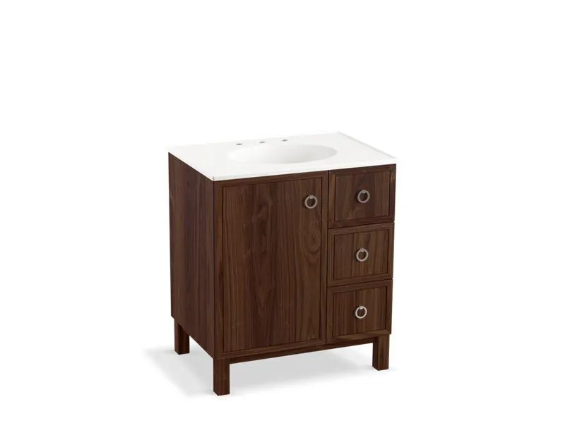 KOHLER K-99504-LGR-1WA Jacquard 30" bathroom vanity cabinet with furniture legs, 1 door and 3 drawers on right