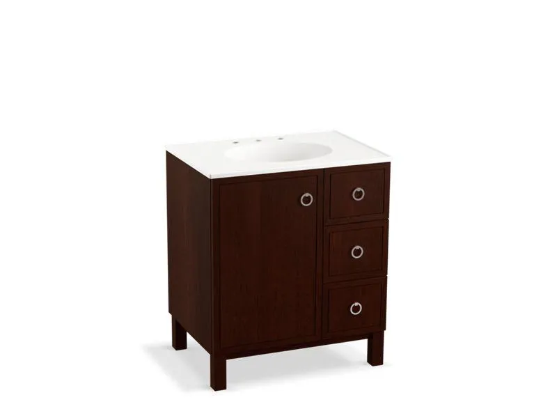 KOHLER K-99504-LGR-1WA Jacquard 30" bathroom vanity cabinet with furniture legs, 1 door and 3 drawers on right