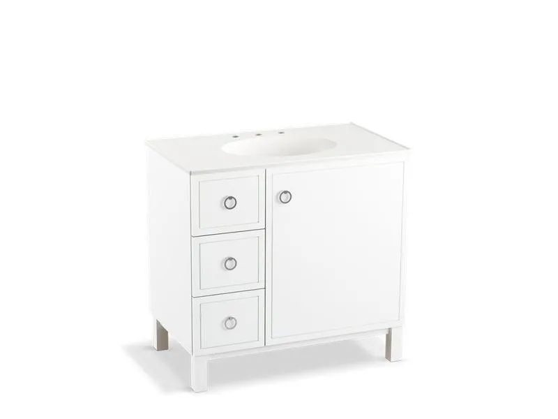 KOHLER K-99507-LGL-1WA Jacquard 36" bathroom vanity cabinet with furniture legs, 1 door and 3 drawers on left