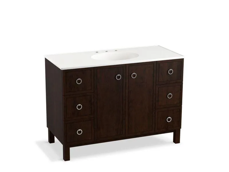 KOHLER K-99509-LGSD-1WA Jacquard 48" bathroom vanity cabinet with furniture legs, 2 doors and 6 drawers, split top drawers