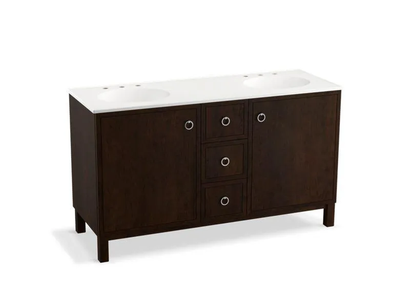 KOHLER K-99511-LGSD-1WA Jacquard 60" bathroom vanity cabinet with furniture legs, 2 doors and 3 drawers, split top drawer