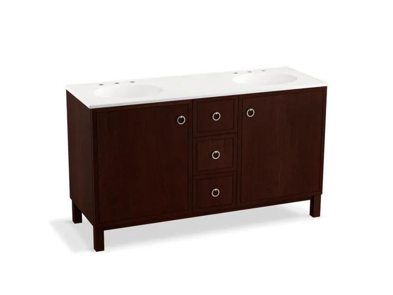 KOHLER K-99511-LGSD-1WA Jacquard 60" bathroom vanity cabinet with furniture legs, 2 doors and 3 drawers, split top drawer