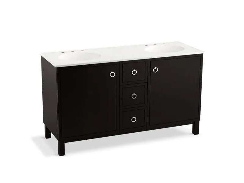 KOHLER K-99511-LGSD-1WA Jacquard 60" bathroom vanity cabinet with furniture legs, 2 doors and 3 drawers, split top drawer