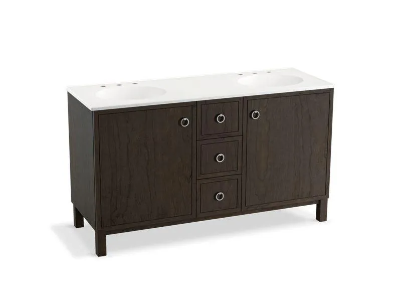 KOHLER K-99511-LGSD-1WA Jacquard 60" bathroom vanity cabinet with furniture legs, 2 doors and 3 drawers, split top drawer