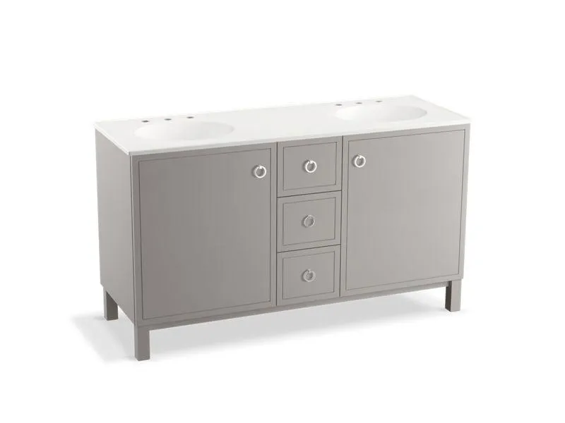 KOHLER K-99511-LGSD-1WA Jacquard 60" bathroom vanity cabinet with furniture legs, 2 doors and 3 drawers, split top drawer
