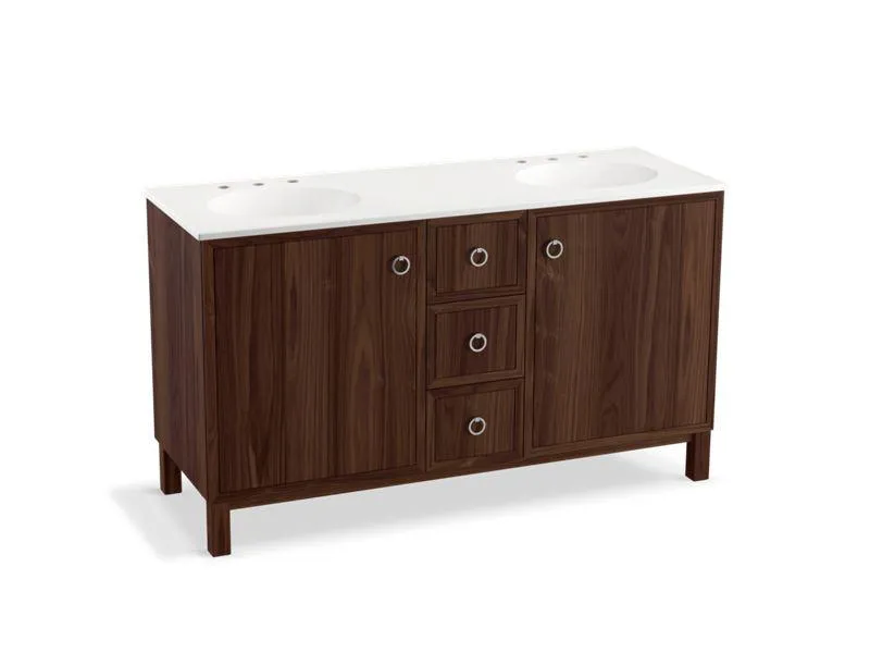 KOHLER K-99511-LGSD-1WA Jacquard 60" bathroom vanity cabinet with furniture legs, 2 doors and 3 drawers, split top drawer