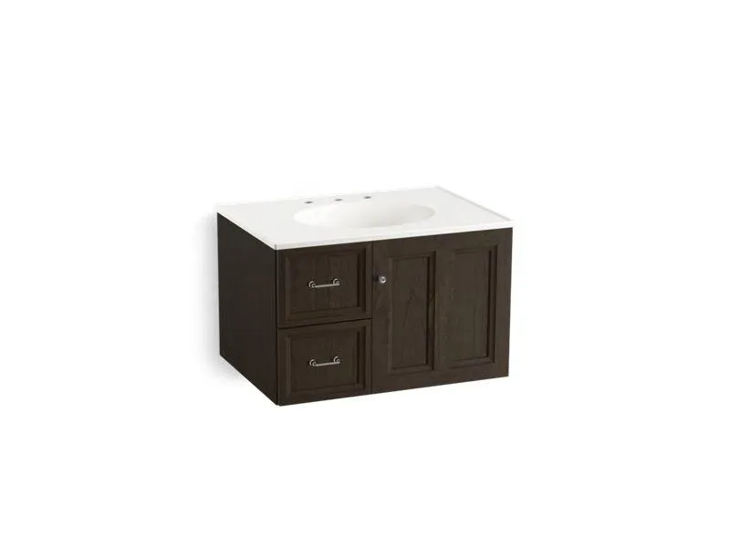 KOHLER K-99517-L-1WA Damask 30" wall-hung bathroom vanity cabinet with 1 door and 2 drawers on left