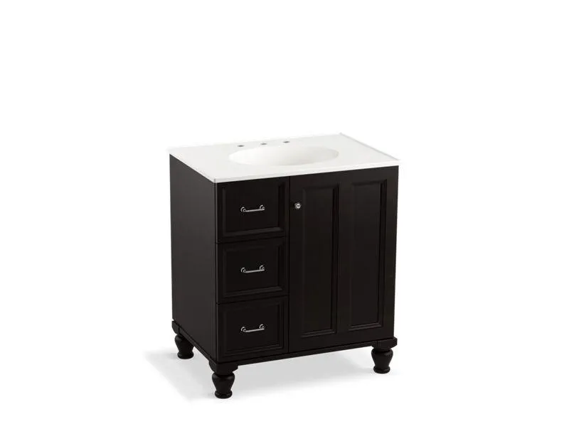 KOHLER K-99517-LGL-1WA Damask 30" bathroom vanity cabinet with furniture legs, 1 door and 3 drawers on left
