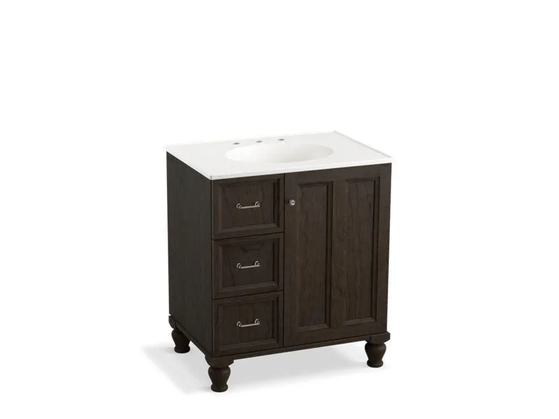 KOHLER K-99517-LGL-1WA Damask 30" bathroom vanity cabinet with furniture legs, 1 door and 3 drawers on left
